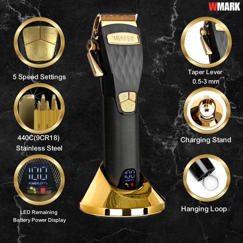 Image of WMARK Ultra Premium Professional 5 Speed Setting Hair Clipper Digital Display 440C 9CR18 Blade Powerful Magnetic Motor 8 Guide Comb Taper Lever Adjustment Charging Pod & Stand Runtime 240 mn, Model 19