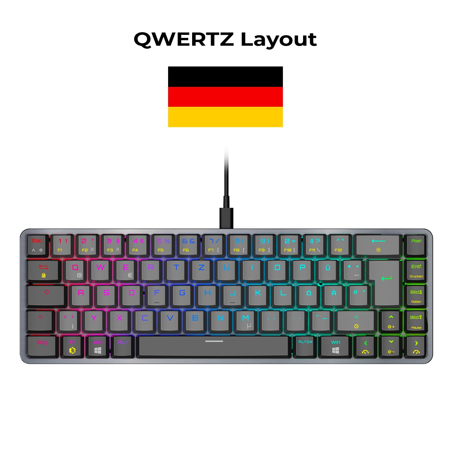 EMPIRE GAMING K241 - Smukła, niskoprofilowa aluminiowa kompaktowa mechaniczna klawiatura gamingowa DE (QWERTZ), przewodowa odłączana USB-C 69 klawiszy MX Red, RGB 24 efekty, NKRO, kompatybilna z PC/P5