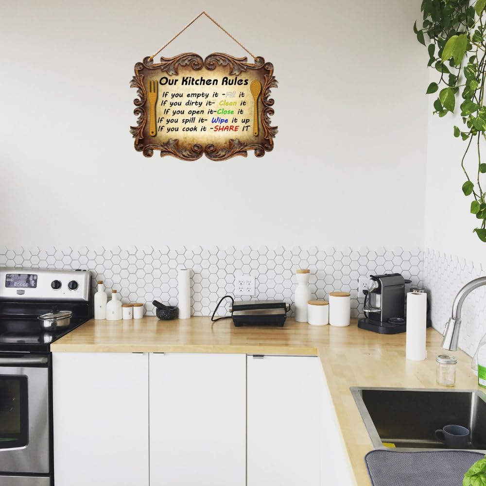 PNF Poster And Frames OUR KITCHEN RULES Quote Wall art & Door Hanging Frame For Kitchen, Dining, restaurants Decor | Walland home Decor for Living Room | Room Decor Wall Decor Items For Bedroom | (Wooden, 11x9 Inch,brown)1-1 1