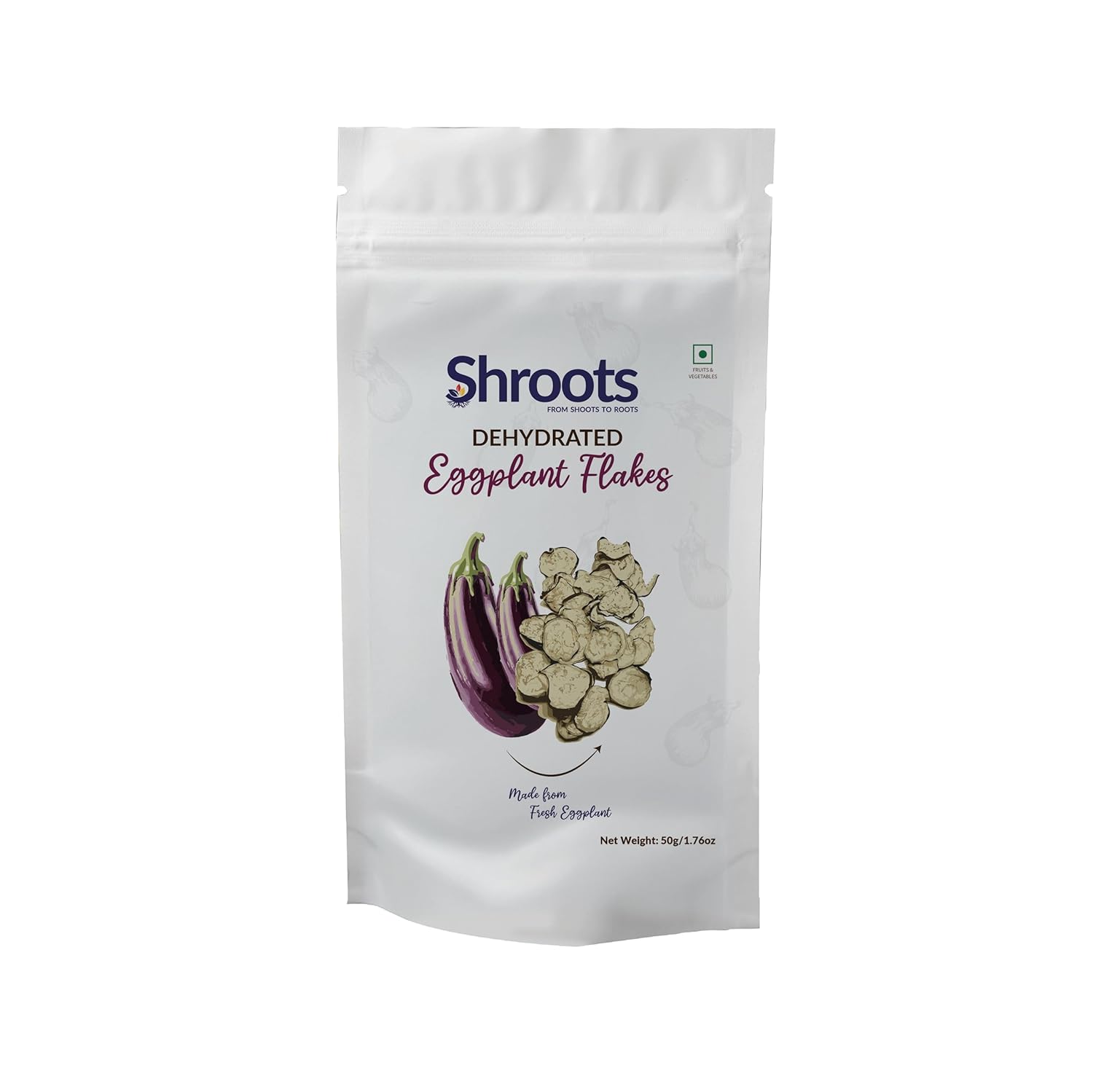 SHROOTS Dehydrated Vegetable Eggplant Flakes Air Dried Shredded Vegetable Gluten Free Pure Veg No Added Salt Easy Cooking Dried Eggplant Flakes for Everyday Meals - Great for Camping, Emergency Survival Food (50g/1.7oz Pack of 1)