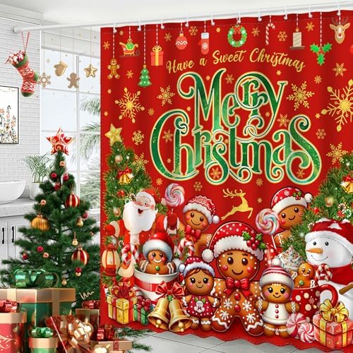 ACZHHZC Merry Christmas Gingerbread Man Shower Curtain, Winter Santa Claus Snowmen Home Holiday Bathroom Decor, Polyester Cloth Fabric Bath Curtain with 12 Hooks 72