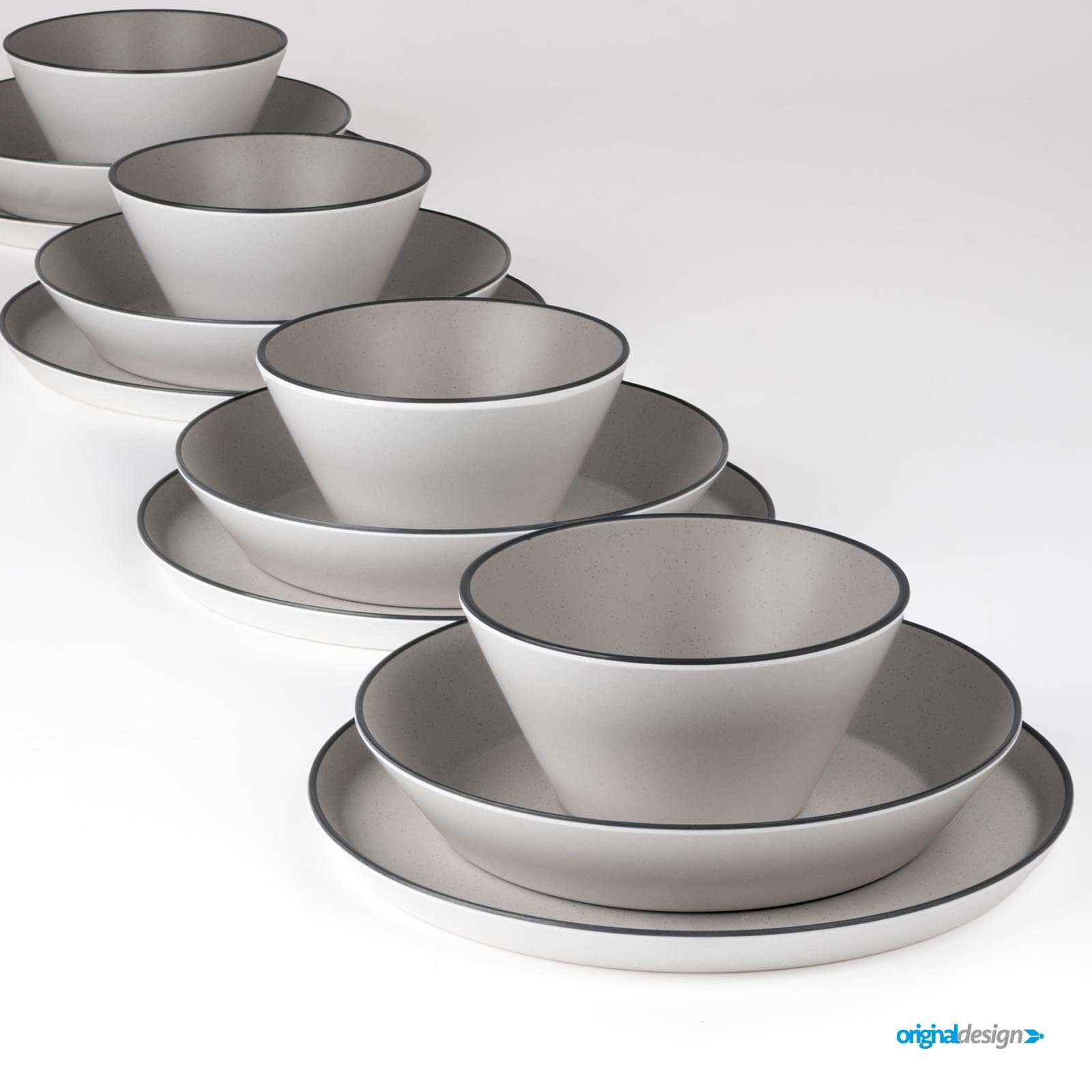 BRUNNER Camping-Geschirr-Set Melamin 2-4 Personen Iconic COMPACK (12 oder 16-Teilig) - Platzsparend Stapelbar, Kratzfest - hochwertig + edel 3-farbig | Steingutoptik und Porzellanhaptik | Antislip