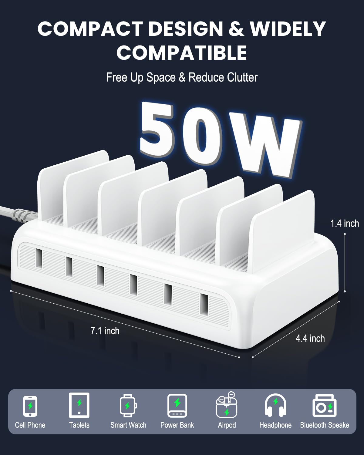 Stazione di ricarica per più dispositivi, 50 W, 6 porte, stazione di ricarica rapida per iPhone, iPad, cellulare, tablet, stazione di ricarica multi-dispositivo con 6 cavi di ricarica