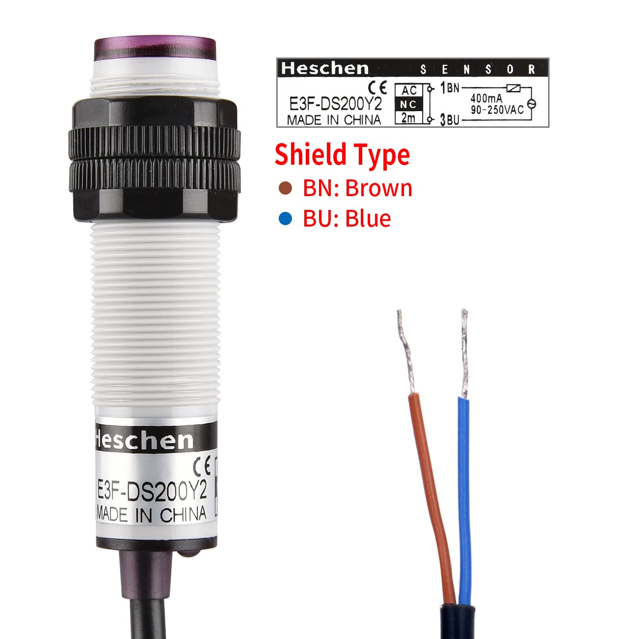 Heschen M18 Infrarot-Näherungsschalter E3F-DS200Y1 – Diffus Reflektierend, 10–200 Cm Reichweite, 90–250 VAC, 400 MA, NO, 2-Draht