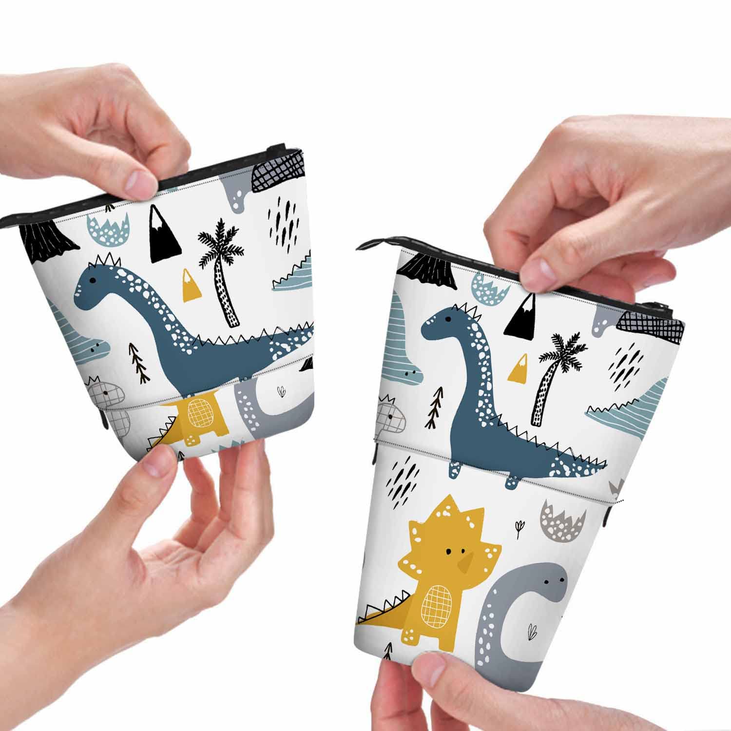 SwonoChildish Dinosaurs Pencil Pouch Scandinavian Creative Dino Stand Up Pencil Case Organizer Pencil Holder Makeup Bag Great For Teens Girls Boys Gift Colorful