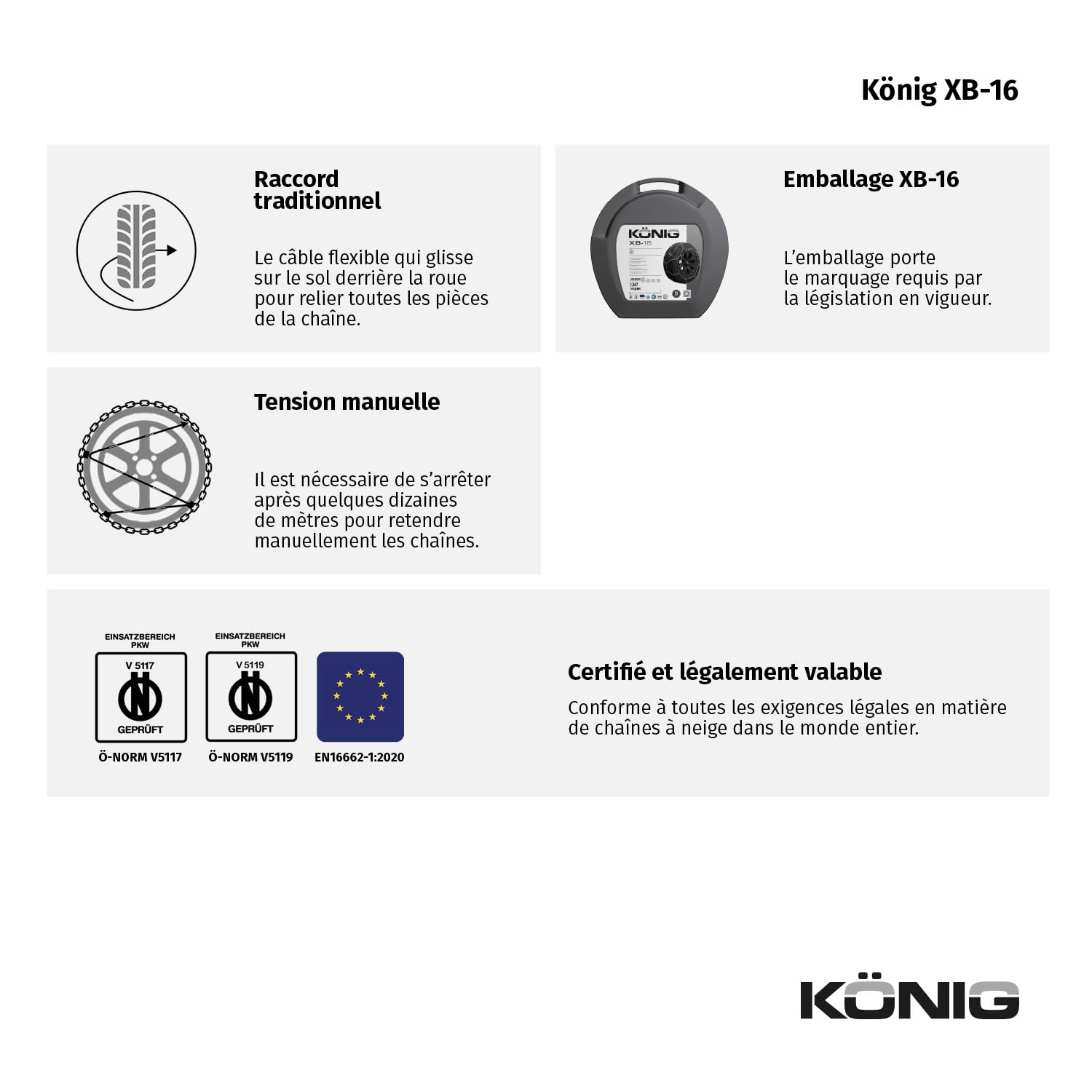 KÖNIG XB-16 265- Chaînes à Neige, Set de 2
