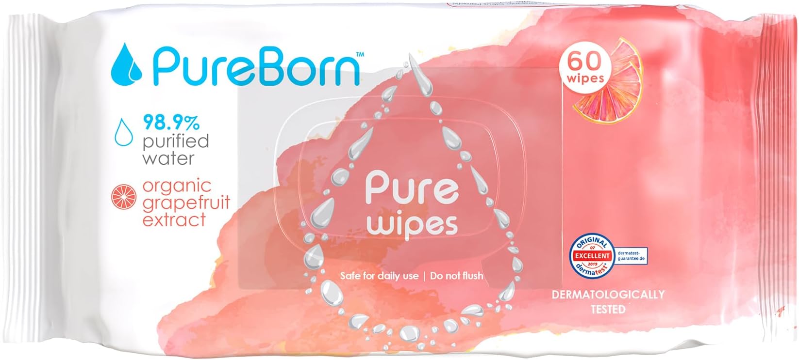 Organic/Natural Cotton Pure Baby Wet Wipes with Grapefruit extract|Suitable for sensitive baby skin & Daily use|Dermatologically tested|Eco Friendly|Travel Pack|60 Wipes