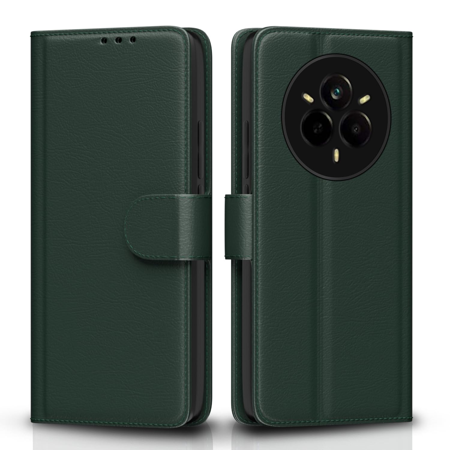 Pikkme Flip Cover Leather Finish | Inside TPU with Card Pockets | Wallet Stand and Shock Proof | Complete Protection Flip Case for Realme 14 Pro 5G(Green)
