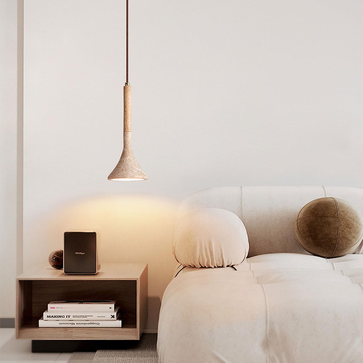 Lampada a Sospensione nordica in travertino Naturale, Stile Vintage Rustico, Lunga e lineare, Ideale per Isola Cucina, lampadario Rustico in Legno Stile Moderno di metà secolo per