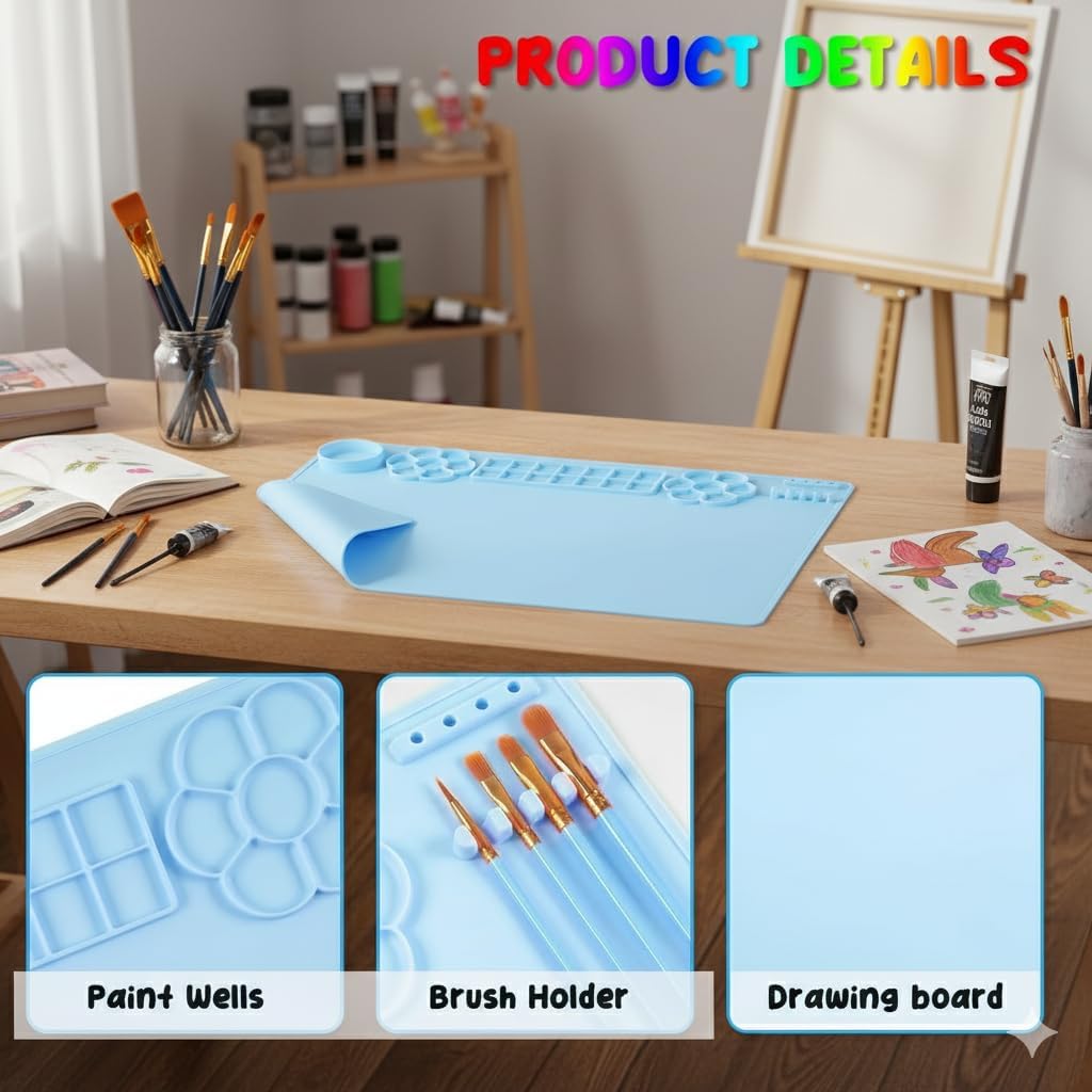 Paint Station，Silicone Painting Mat Set 23.6" x 15.75" with Brush Cleaner & 10 Brushes – Non-Slip, Washable Art Station for Watercolor, Acrylic & DIY Crafts (Blue