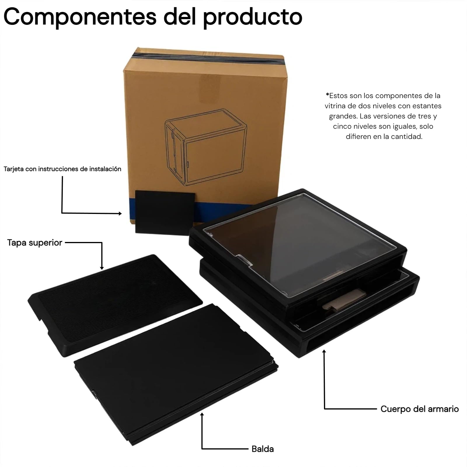 Vitrinas Transparentes, Plegables y apilables con Puertas de Doble Sentido para salón, coleccionables, Figuras, Cajas de Zapatos, Ropa, Bolsos y Documentos (Negro, 2 Niveles - Baldas Grandes)
