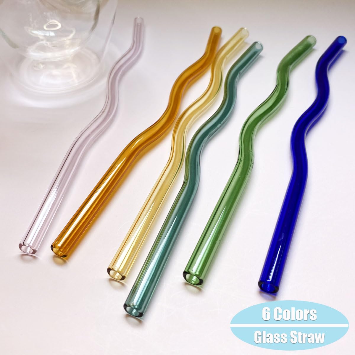 Bunte gewellte Glas-Trinkhalme, 20 x 8 mm, niedliche, wiederverwendbare Glas-Trinkhalme aus hochwertigem Borosilikatglas, mit 1 Reinigungsbürste und 1 Aufbewahrungsbox, für kalte oder heiße