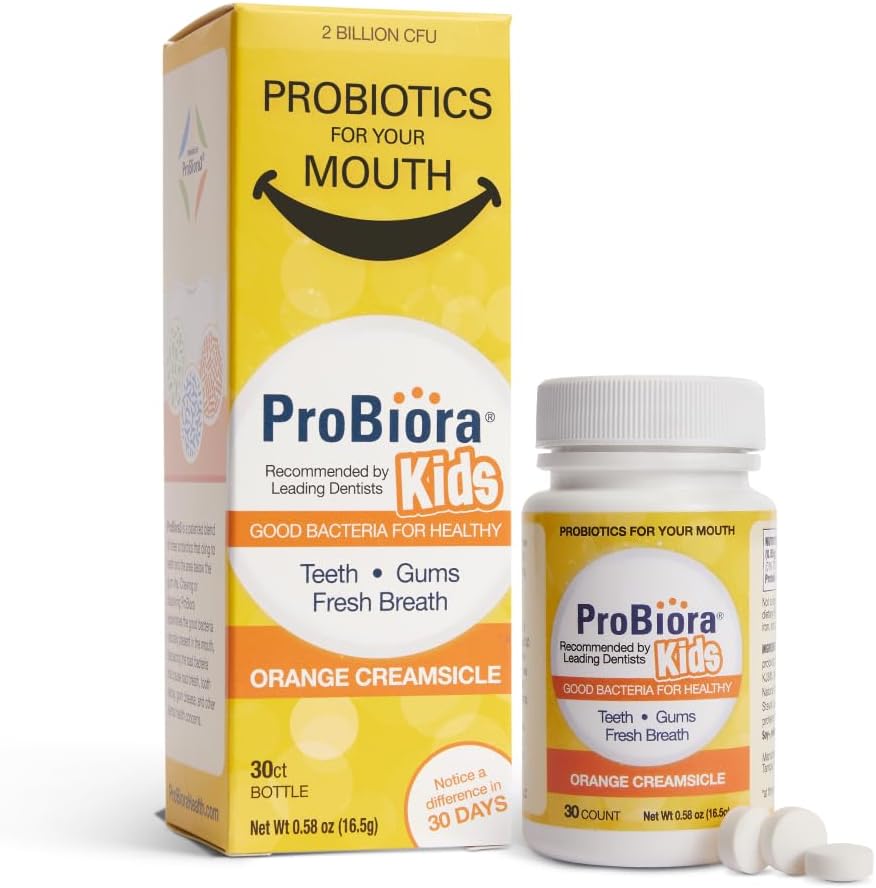 ProBiora Kids Oral-Care Chewable Probiotic Tablets | Probiotic Supplement Designed Specifically for Kids | Healthier Teeth & Gums | Fresher Breath | Whiter Teeth (30 Count, Orange)