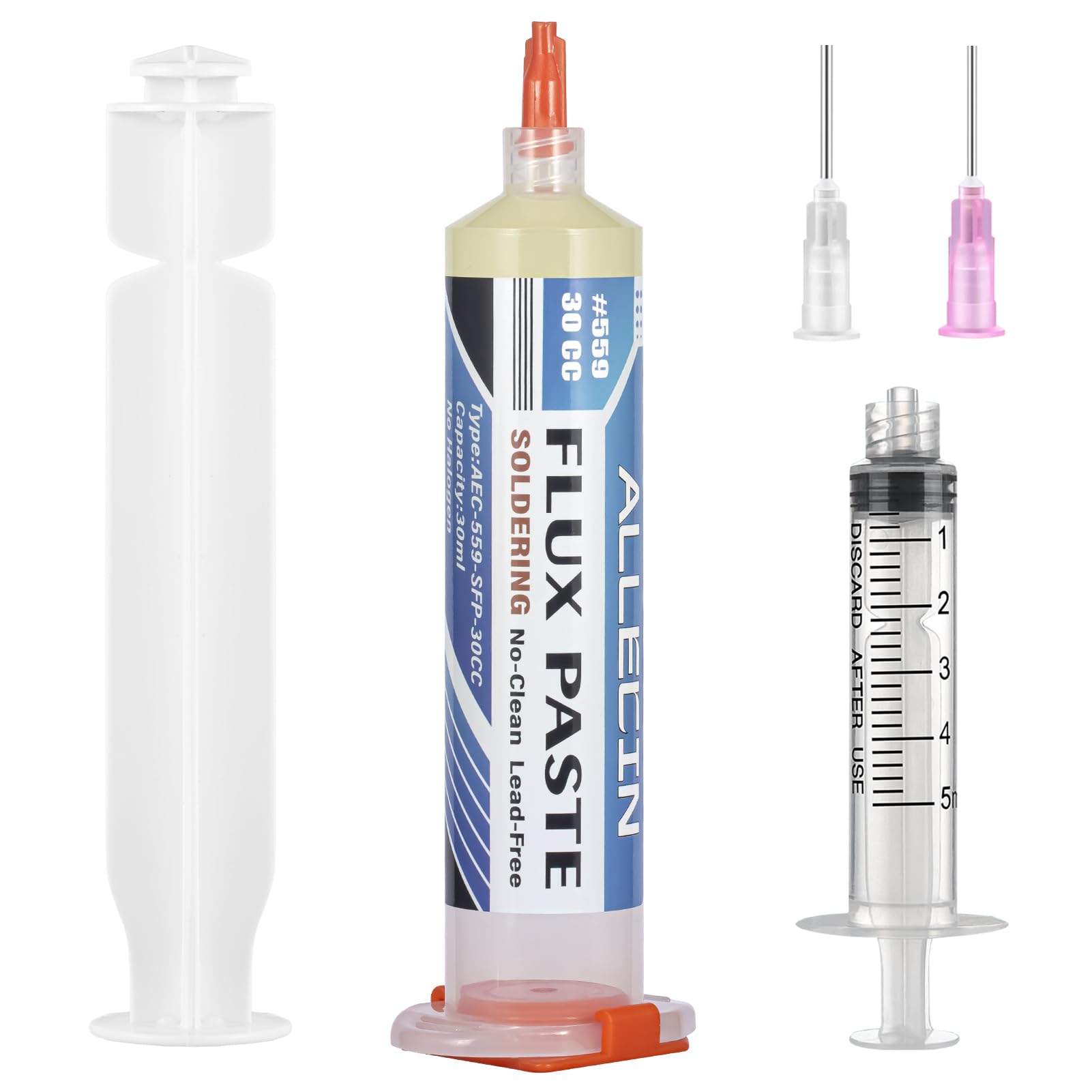30mL Flux Sin Plomo Flujo de Soldadura 30CC Flux Soldar de Jeringa No Clean Solder Flux Paste AEC-559 con Herramienta de Dispensación de Aguja y Varilla de Empuje para SMD BGA PCB