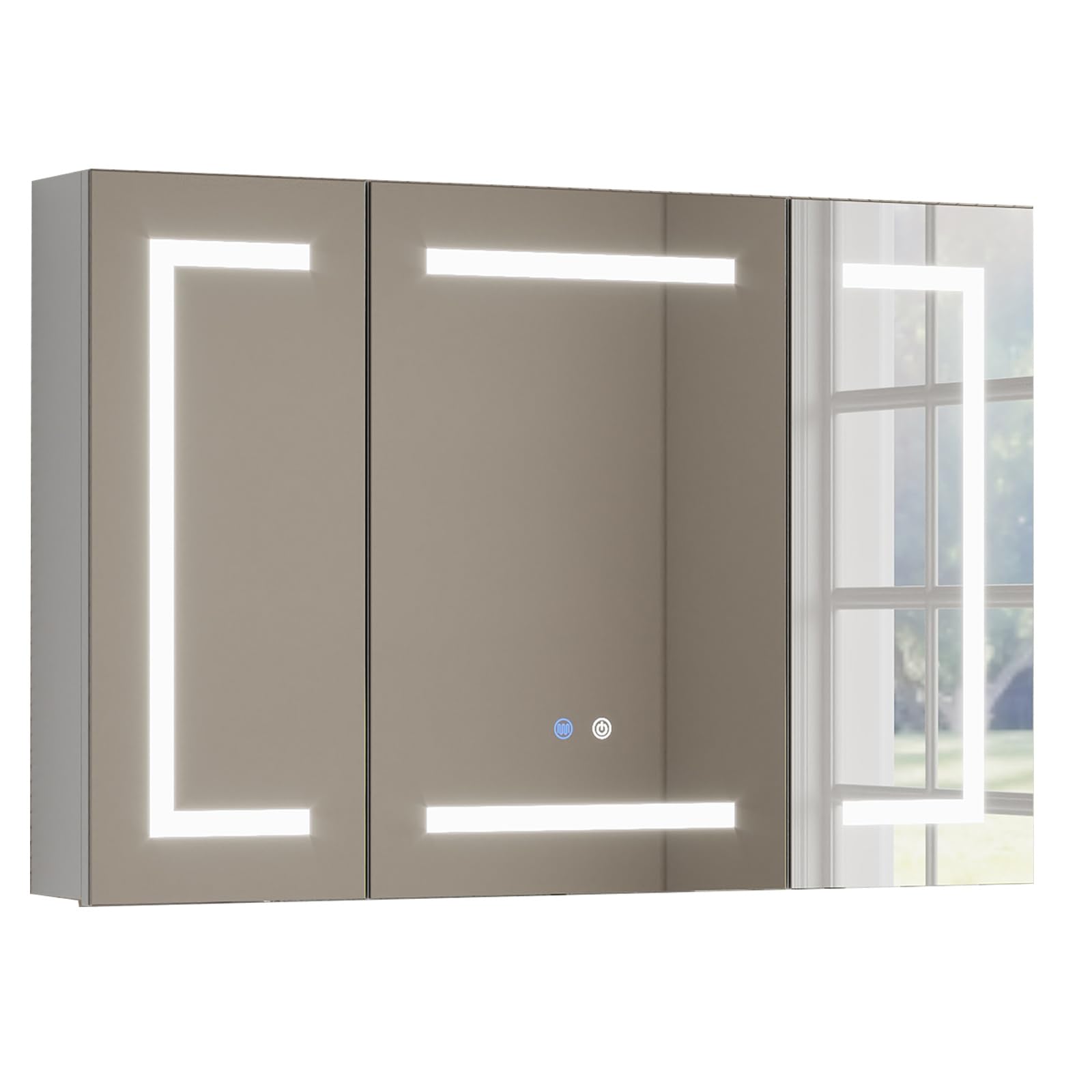 Warmiehomy Bathroom Mirror Cabinets with Lights,900x600mm 3-color Dimmable LED Illuminated Bathroom Mirror Cabinet with Shaver Socker Defogger Touch,White Frame