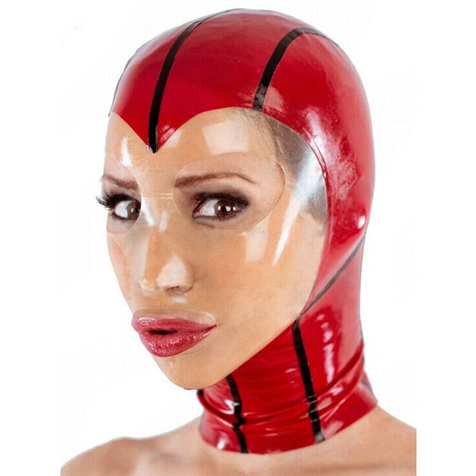 Capucha de látex unisex con ojos y boca abiertos para fiestas y clubwear en talla S