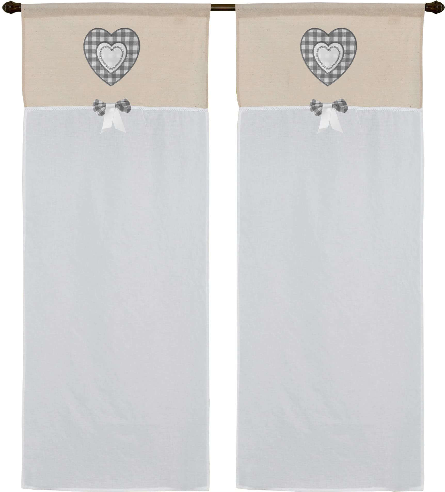 Par de cortinas de cristal para cocina de panel con trabilla art Maryland tejido efecto lino seda de poliéster para ventana y puerta de ventana en salón cocina baño medidas 60 x 240 cm corazón gris