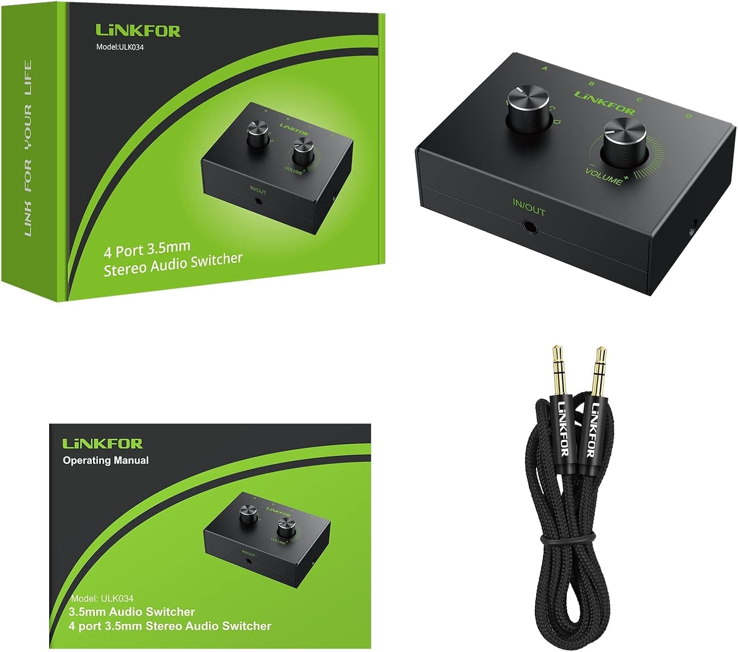 Contents of the LiNKFOR 4 Port 3.5mm Stereo Audio Switch package.