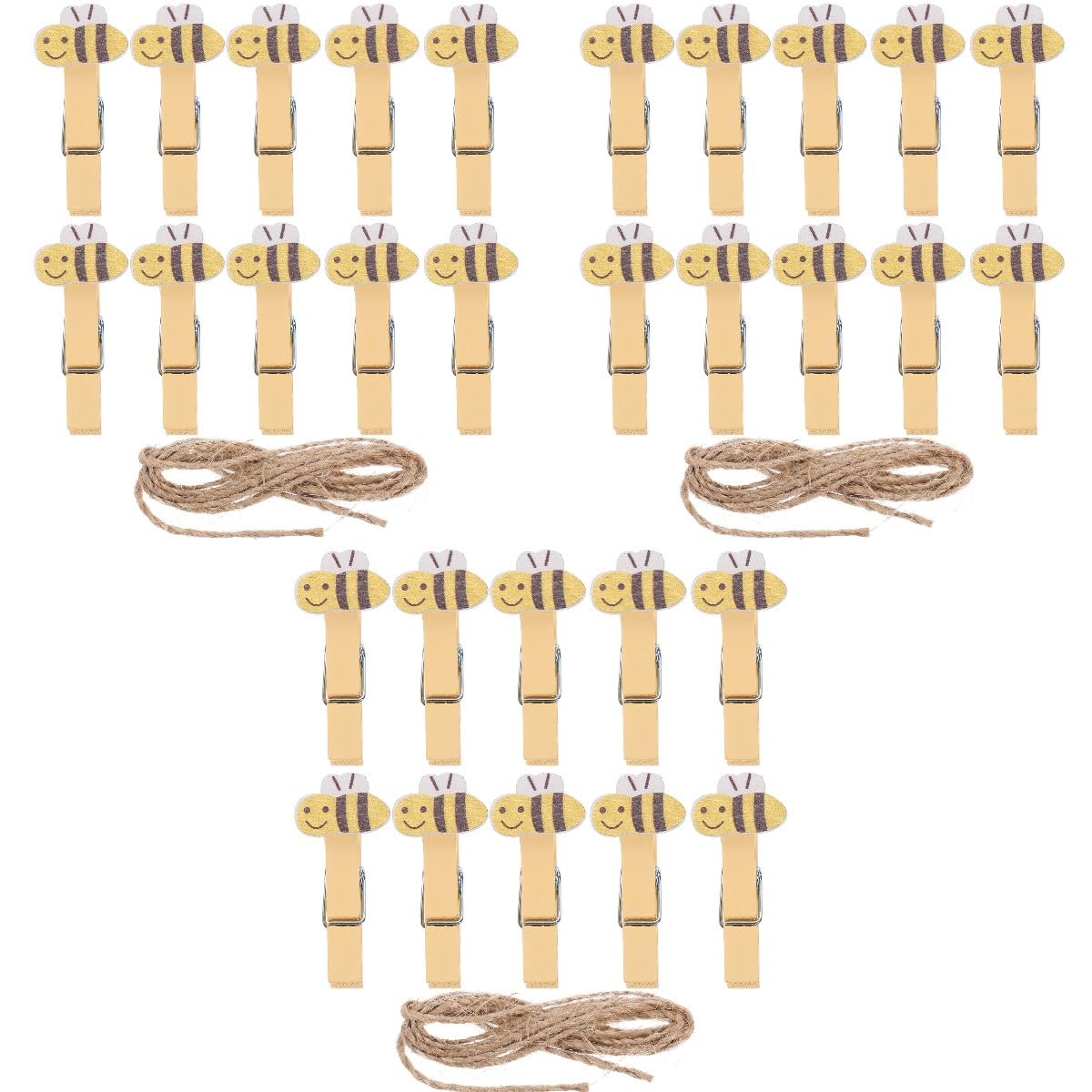 ABOOFAN 30Pcs Mini Clothespins with String Wooden Clothes Pins with Bee Photo Clips for Hanging Clip Photos, Clothes, Crafts, Arts Outdoor and Indoor