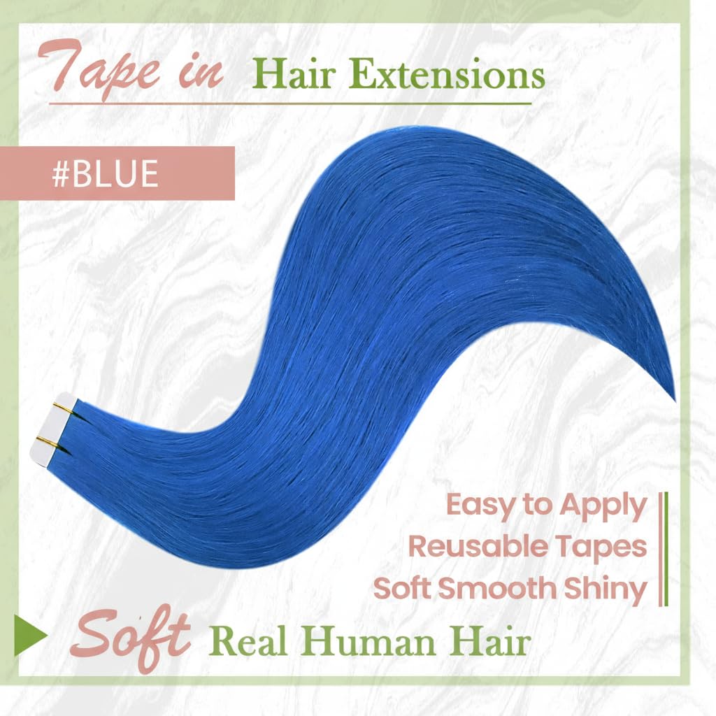 Human Hair Extensions Tape in Blue Remy Hair 18 Inch Blue Hair Extensions Tape in Straight Real Tape in Hair Extensions Human Hair for Highlight Cosplay Party 25g/10pcs