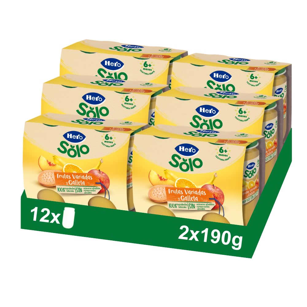 Hero Baby Tarrito Infantil Merienda Frutas Variadas y Galleta, Sin Aceite Palma, Sin Azúcar, 6 Pack 2x190g
