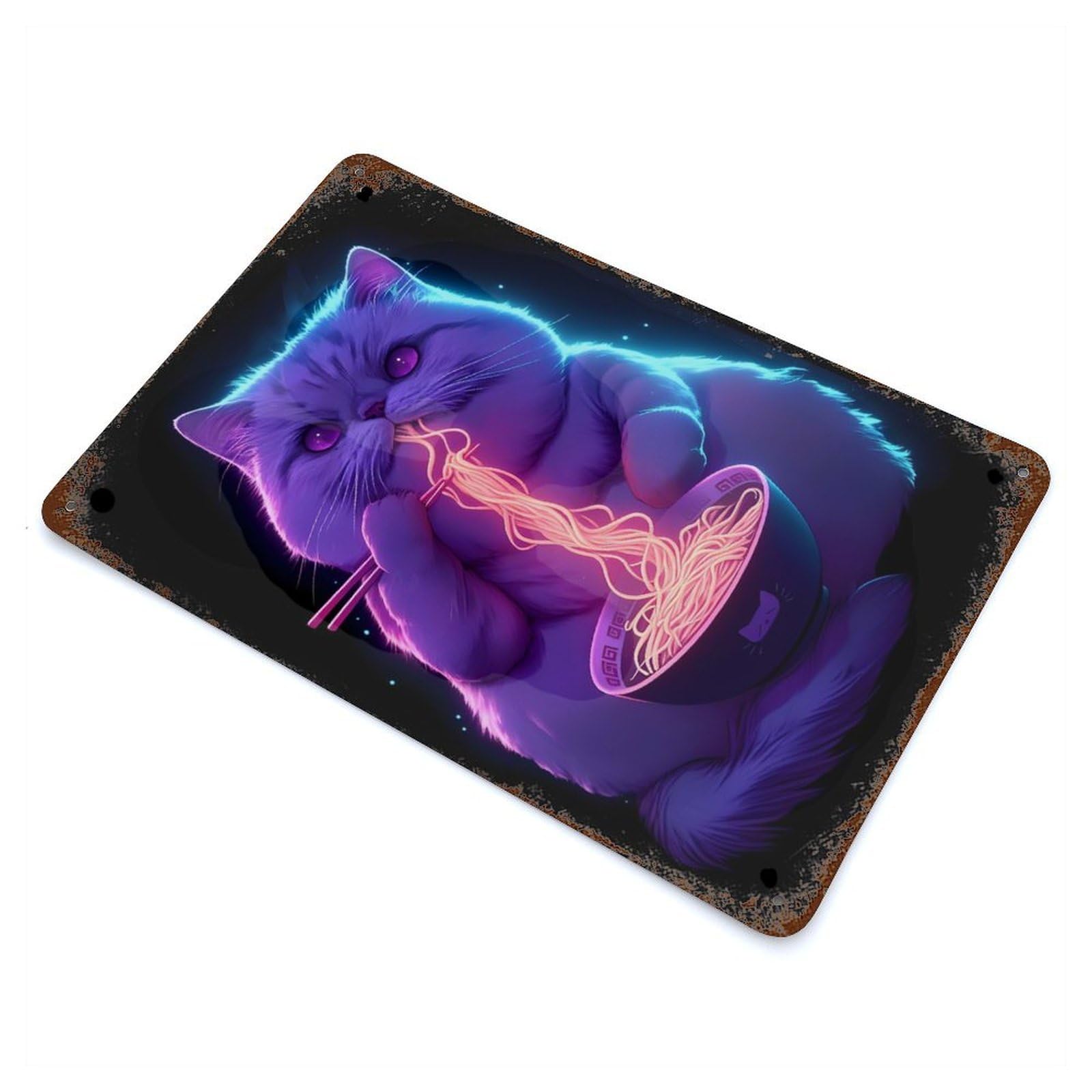 Rustic Tin Plaque with Neon Cat Eating Ramen Design 11.8"x7.9", for Cafe, Home Bar And Lounge Decor, Industrial Home Decor