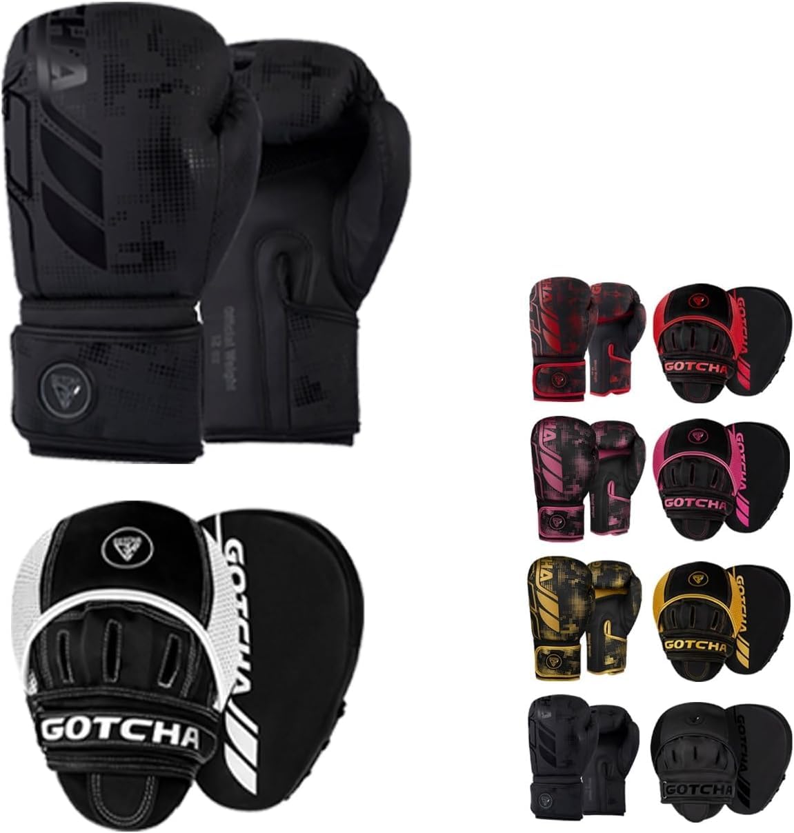 GotchaKart Boxing Gloves and Pads Set – Adults Men Women Kickboxing MMA Muay Thai Punching Gloves with Curved Focus Pads | Training Sparring Martial Arts Fitness (Black White, 16oz)