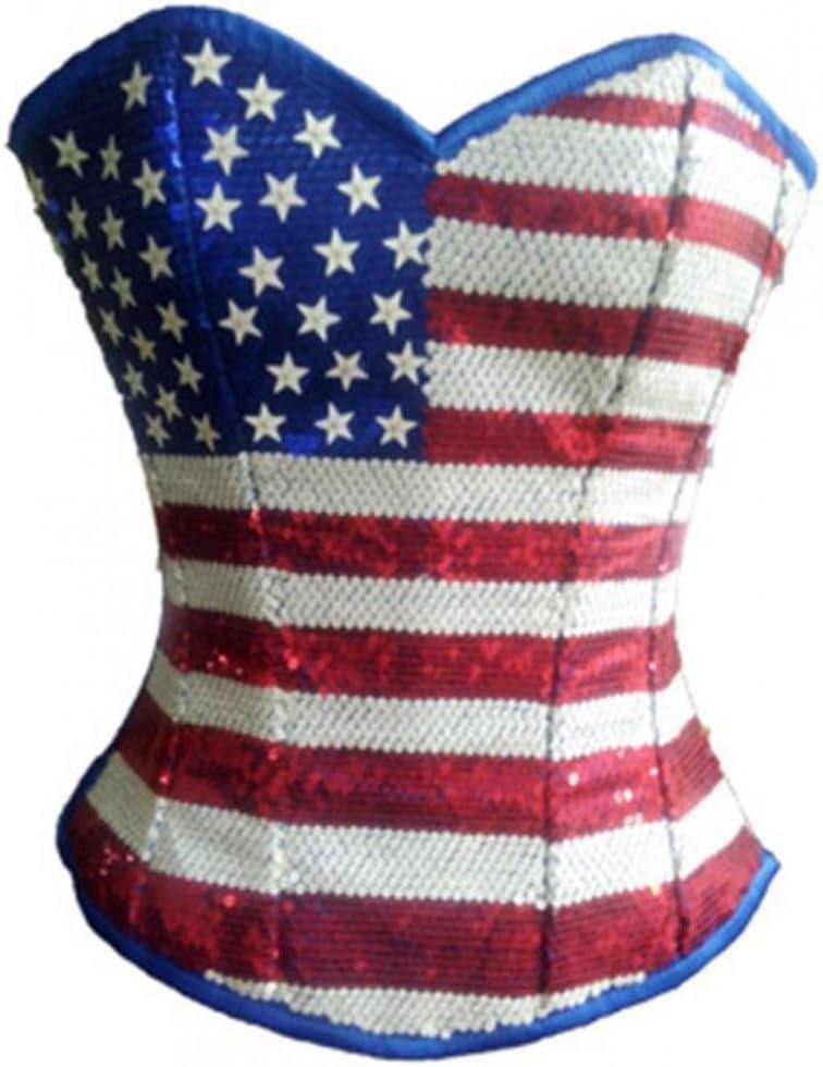 USA Flag Satin Sequins Gothic Burlesque Bustier Waist Training Overbust Corset
