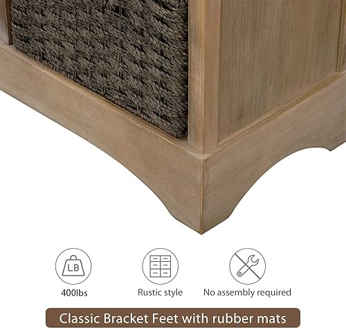 Miniatura 7 de Armario de almacenamiento rústico con dos cajones y cuatro cestas clásicas de ratán, mesa de consola de entrada de granja, mesa de sofá para sala de