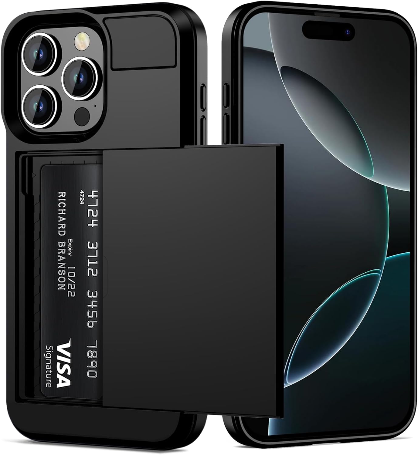 Vofolen Compatible with iPhone 16 Pro Case with Card Holder Dual Layer Heavy Duty Drop Protection Hidden Sliding Card Slot Slim Wallet Phone Case for iPhone 16 Pro for Women Men, 6.3 Inch Black