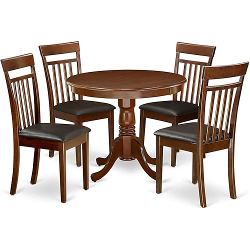 East West Furniture ANCA5-MAH-LC 5 Piece Dining Table Set for 4 Includes a Round Kitchen Table with Pedestal and 4 Faux Leather Dining Room Chairs, 36x36 Inch, Mahogany