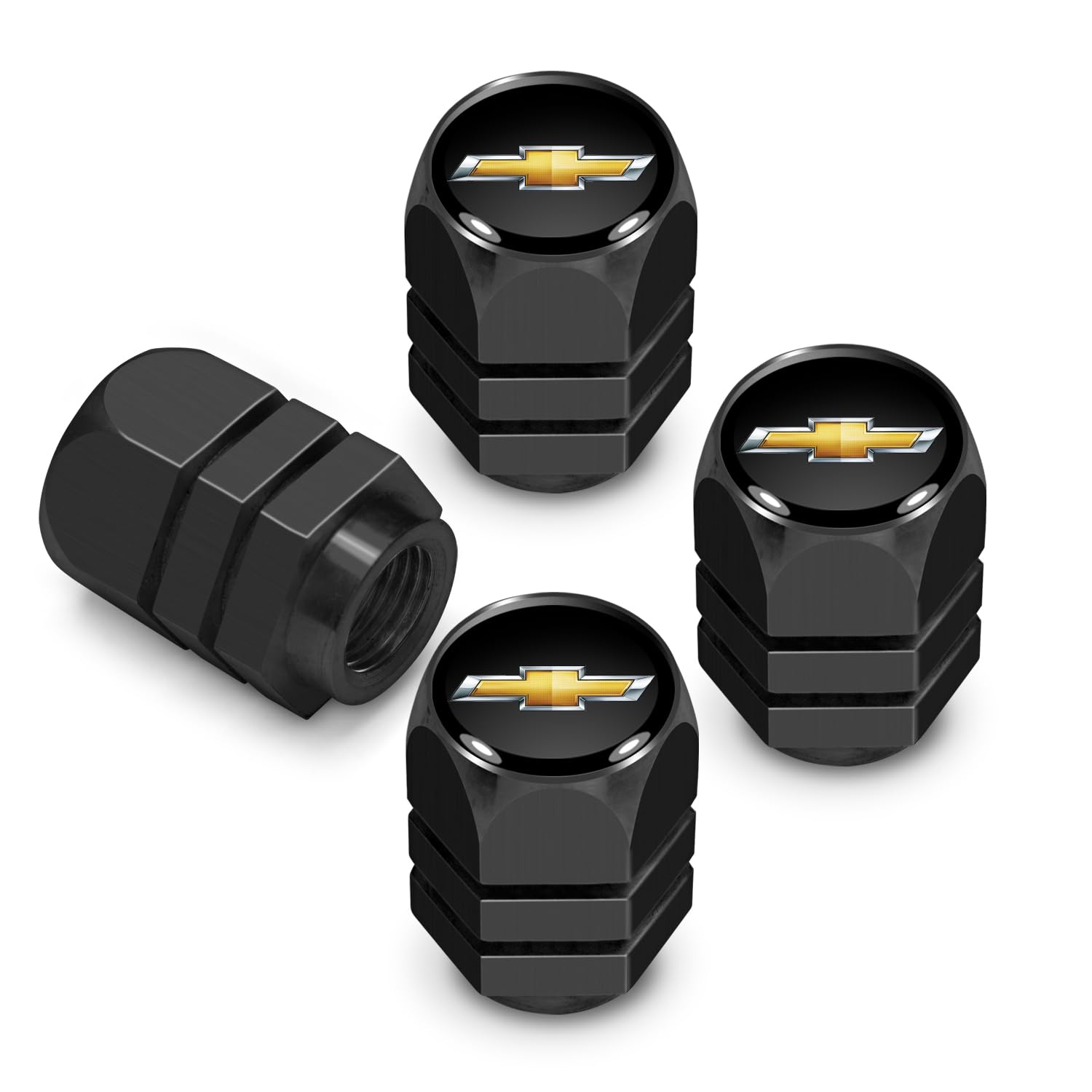 iPick Image for Chevrolet Golden Logo in Black on Black Hexagon Shape Aluminum Tire Valve Stem Caps