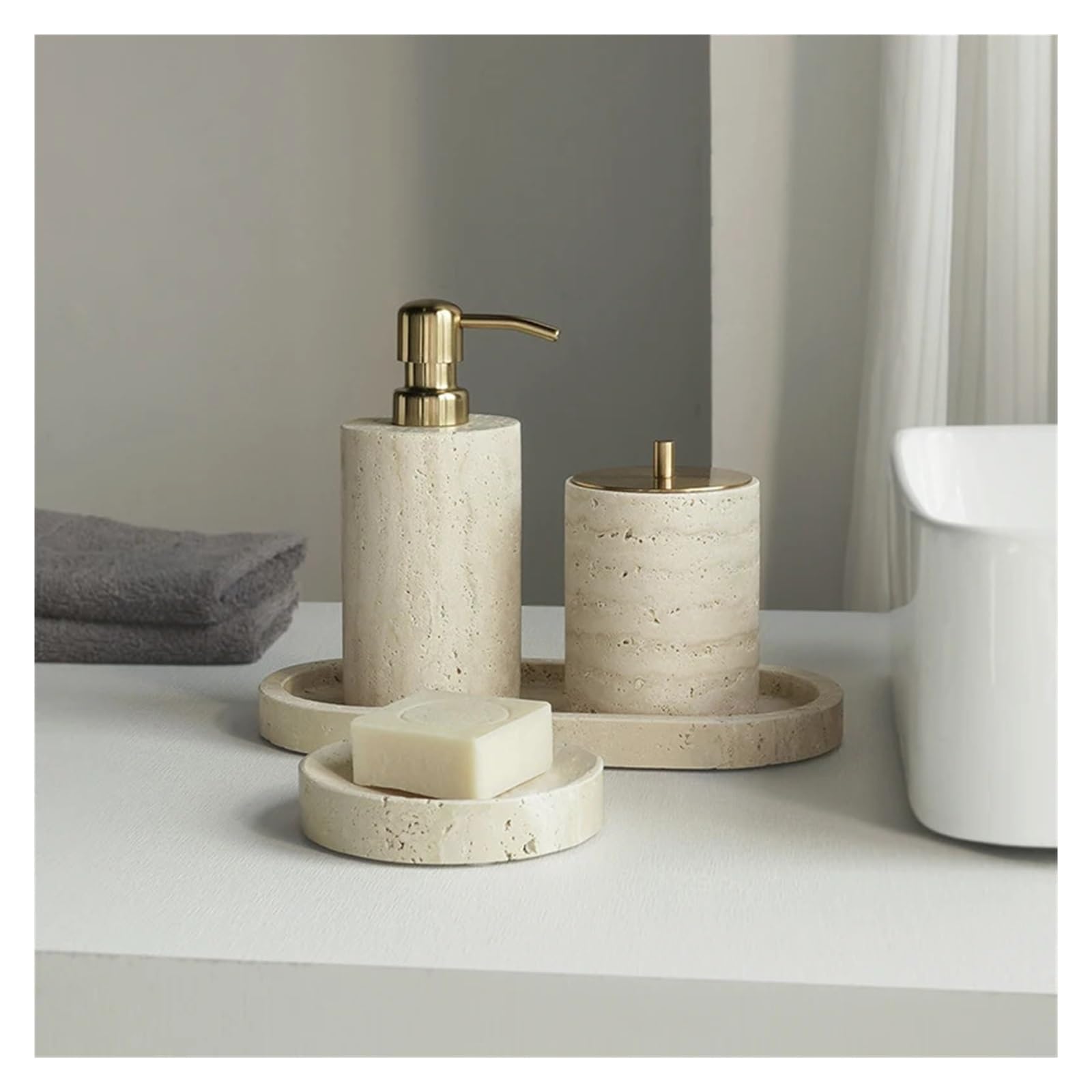 Badezimmer Set Badezimmerset aus Travertin | Luxuriöser Seifenspender, Taschentuchbox, Waschtisch-Tablett, Zubehör(Cup)