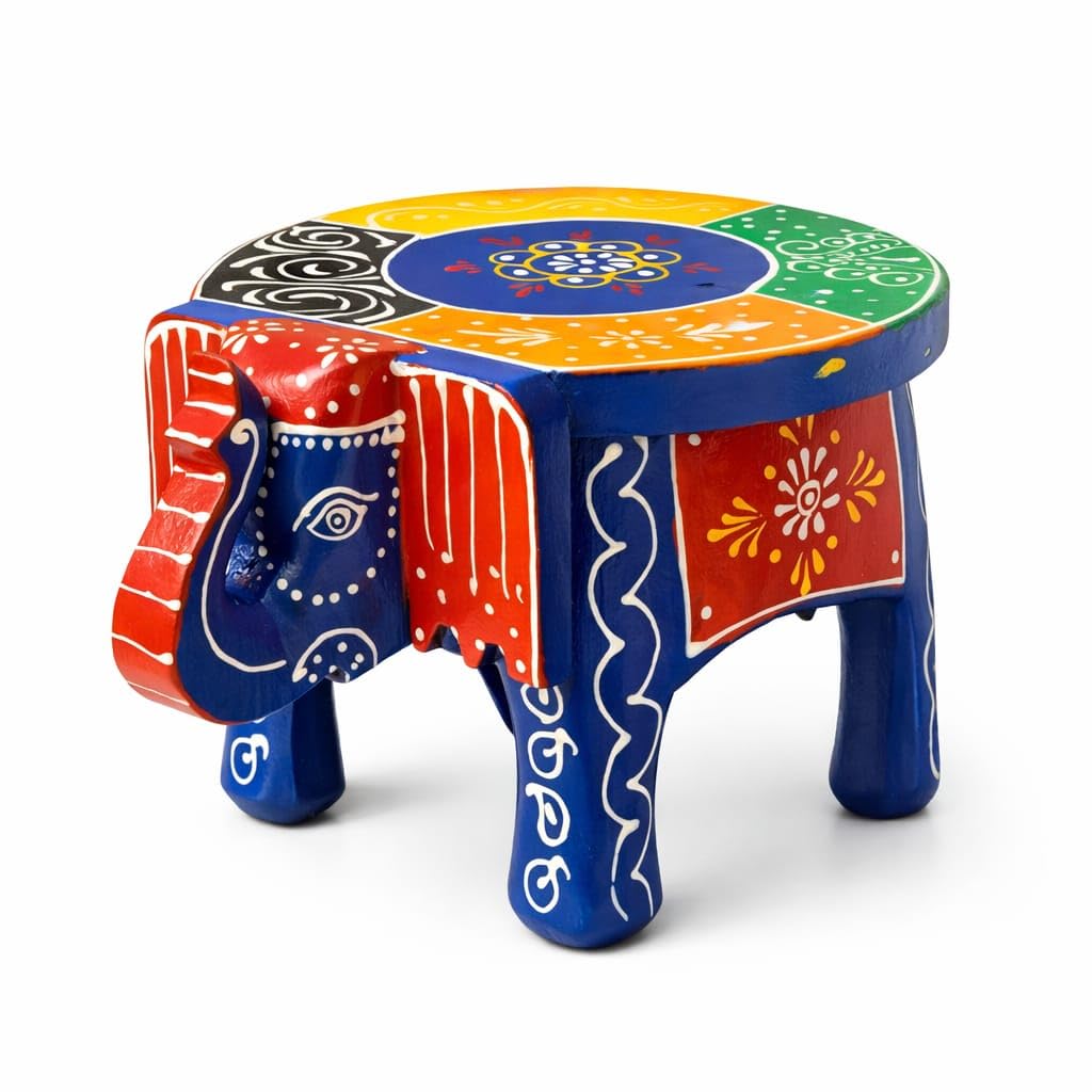 Handcrafted Wooden Elephant Stool Mini Table, Rajasthani Hand Painted Decorative Showpiece for Home Decor Living Room Office & Gifting-image-13