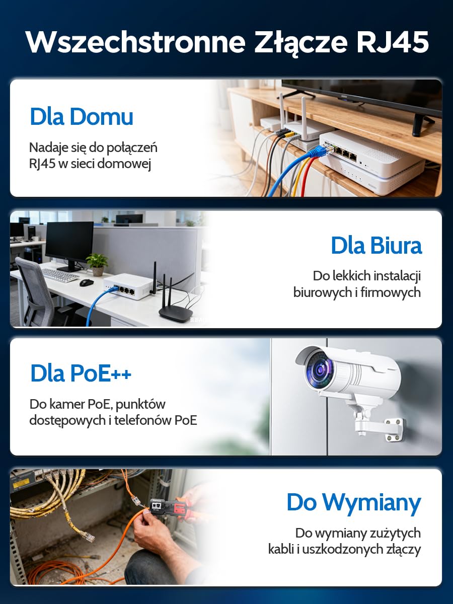 AMPCOM Złącze RJ45 CAT6 Przelotowe 100 Sztuk — Pozłacane 23-26AWG | Styki pozłacane 50μ 3-pinowe, przezroczysta kontrola wizualna, certyfikat Gigabit, kompatybilność wsteczna CAT5e