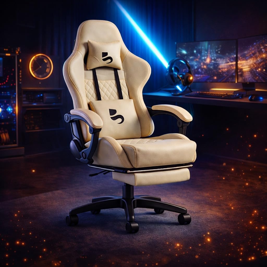 Cadeira Gamer de Escritório Ergonômica com Apoio para Pés, Reclinável, Almofadas Lombar e Pescoço, Base Nylon 50mm, Suporta 150kg (Light Beige)