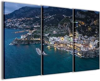 Stampe su Tela Atrani 001 Quadri Moderni Costiera Amalfitana Arredamento Casa in 3 Pannelli già intelaiati, Pronto per Essere Appeso, 120x90cm