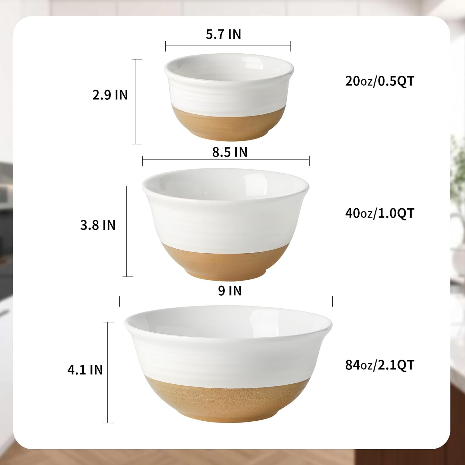 HASENSE Ceramic Mixing Bowls, Large Serving Salad Pasta Bowls Set, 2.1/1.0/0.5 Qt for Entertaining, White Nesting Batter Bowls for Prepping Baking, Dishwasher Microwave Safe, Set of 3