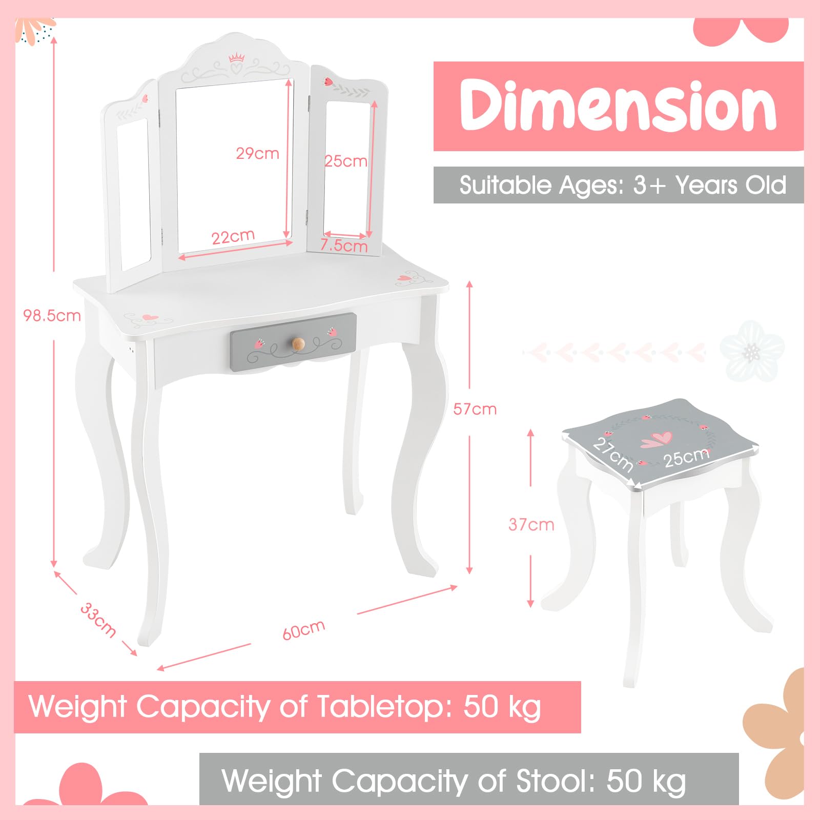 RELAX4LIFE Toeletta Trucco per Bambina, Specchiera Trucco con Sgabello e Accessori da Trucco, Toeletta in Legno, Specchio Rimovibile, per Bambini 3+ Anni (TRIPLO, 34x50x93cm)