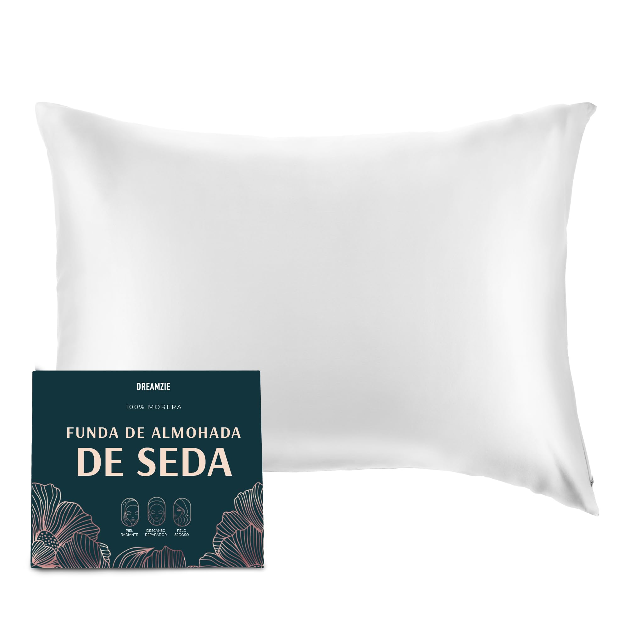 DREAMZIE Doble Cara 100% 19 mm Funda de Almohada de Seda Pura de moras para la Salud del Cabello y la Piel Funda, de Almohada con Cremallera Oculta, 1 Pieza, 40x80 cm, Blanco