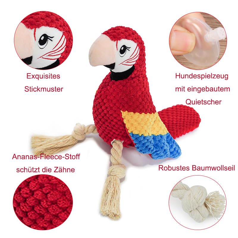 PIANG GOUER Tough Rope Dog Toy Stuffed Squeaky Dog Toy with Soft Durable Fabric for Small Medium Large Breeds Interactive Tug of War Rope Chewing Plush Toy (Parrot) - Image 3