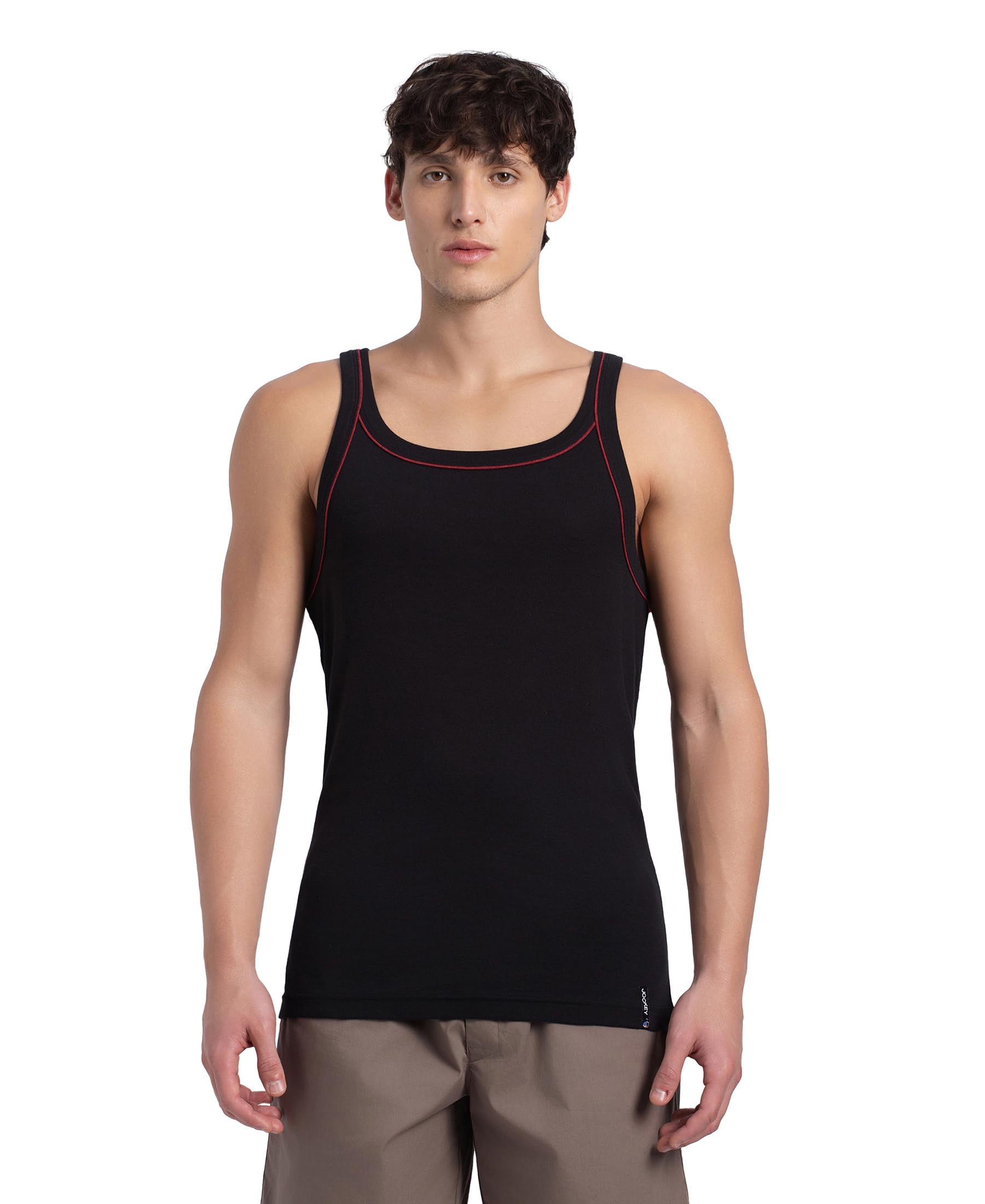 US54 Men's Super Combed Cotton Rib Square Neckline Gym Vest with Back Panel Graphic Print (Shoulder Starp Color May Vary)