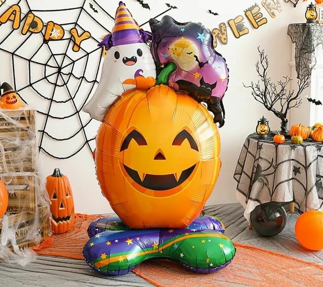 Image of AMFIN (Pack of 1) Self-Standing Halloween Ghost Pumpkin Foil Balloon with Base - 47 Inch Giant Inflatable Pumpkin Balloon with Ghost & Haunted House - Multicolour