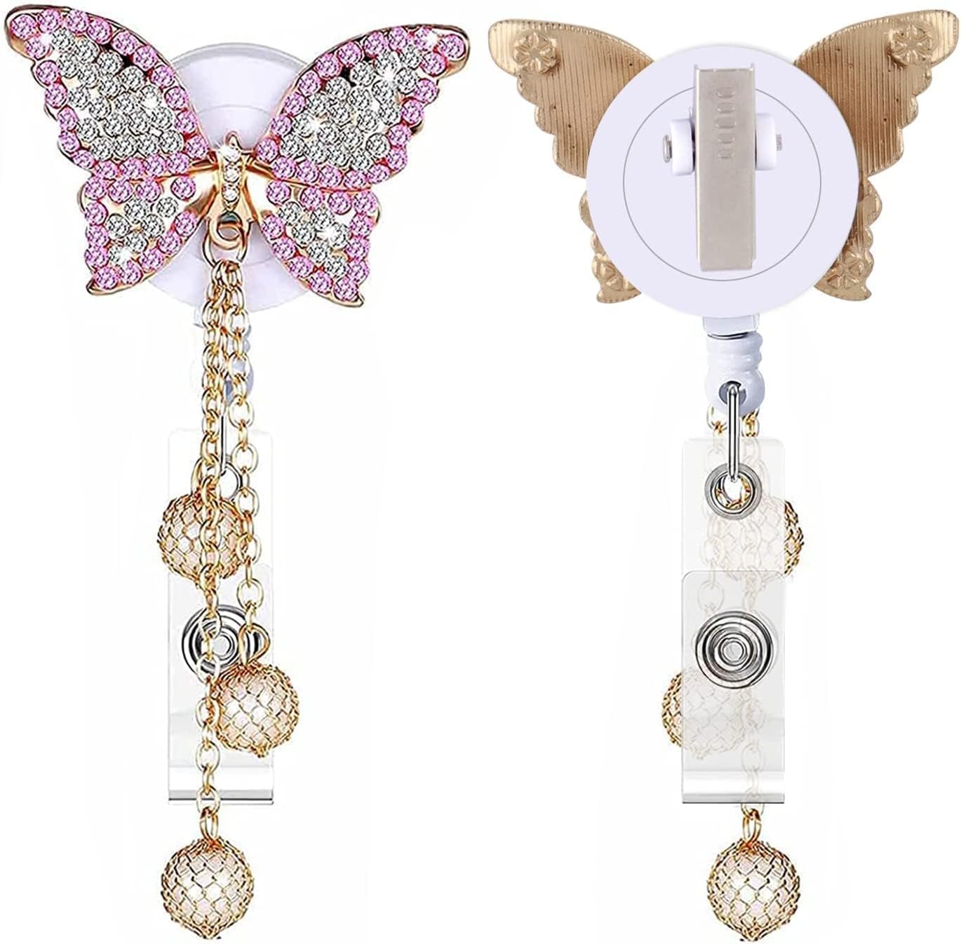 Crystal Pink Butterfly Rhinestones Retractable Badge Reel - Image 2