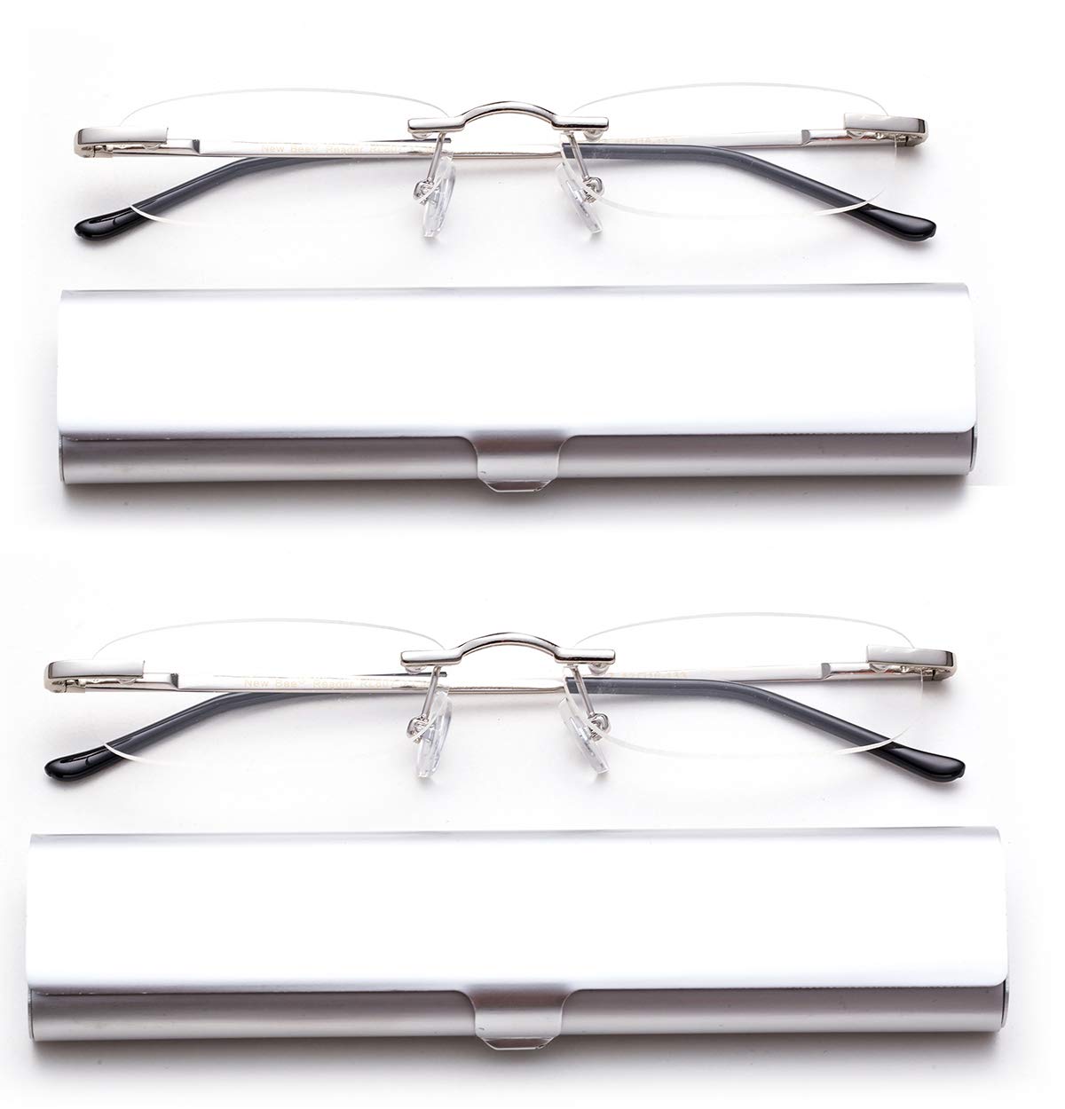 2 Pack Compact Reading Glasses in Tube Slim Rimless Reader in Aluminum Case