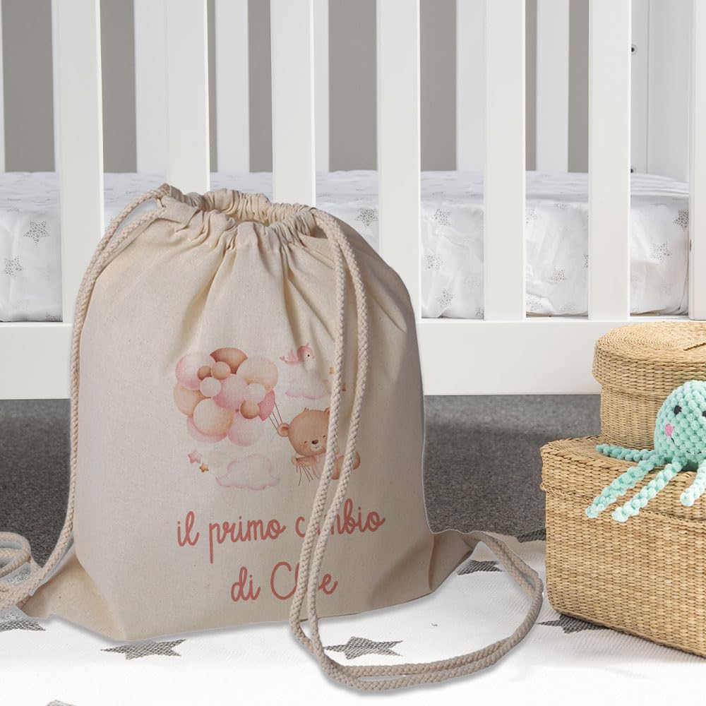 Generico Zaino a Sacca in Cotone 130gr per Bebè Neonato Personalizzato con Nome e Orsetto Regalo