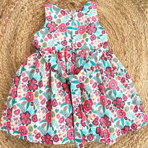 Image of Stanwells Kids Dress for Girls Heart Embroidery Pattern Knee Length Applique Kerala Ethnic Cotton Frock for Baby Girls Zipper Cap Sleeve Dress for Girls Cream & Red (6 Months - 7 Years)