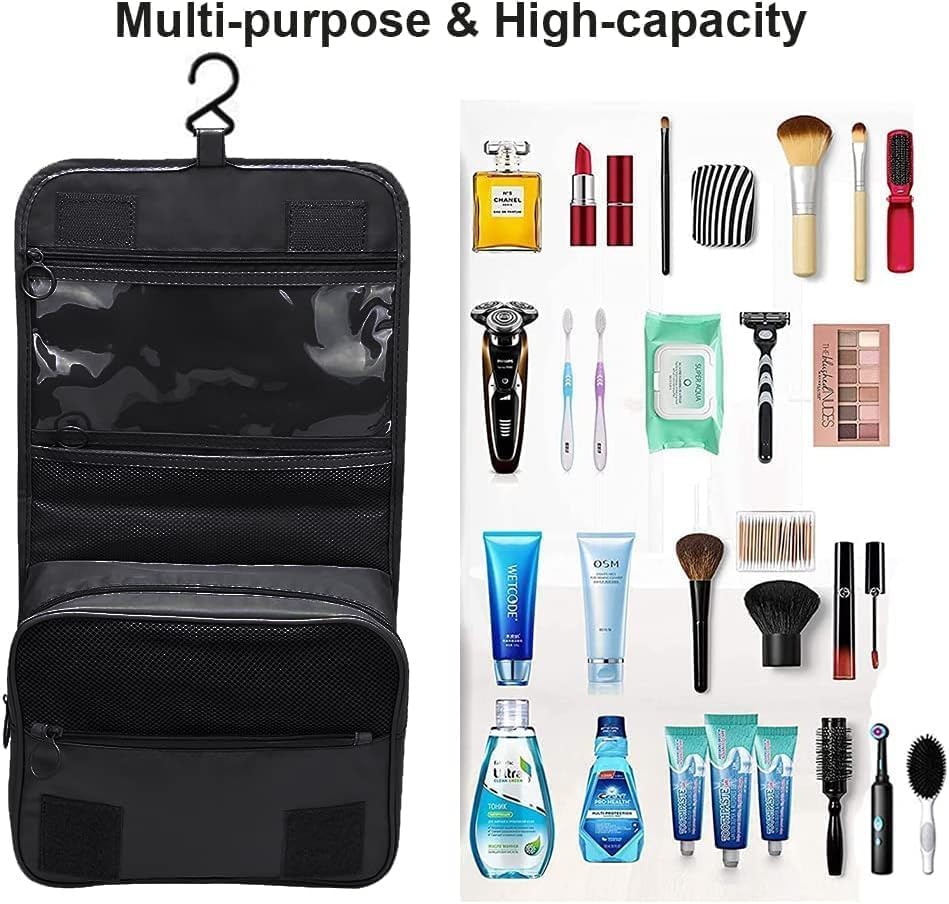 Image of Travel Toiletry Bag with Hanging Hook, Waterproof Cosmetic Organizer Pouch, Foldable Makeup Storage Case with Mesh & Transparent Compartments, Portable Travel Accessories Bag (Black Black)