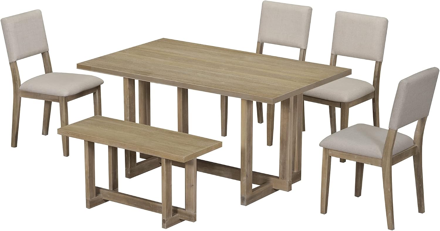 Bellemave 6-Piece Dining Table Set with Bench, Six Person H-Shaped Legs Table, Four Chairs Soft Cushions and One Wooden Bench for Room Kitchen, Natural Wood Wash