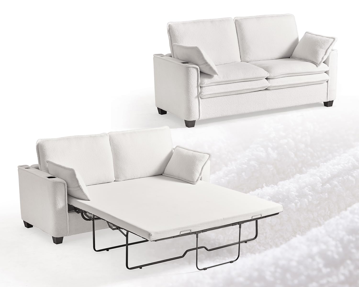 CHIC HOUSE Convertible Pull-Out Sleeper Sofa, Boucle Fabric 2-in-1 Couch Full/Queen Size Pull Out Bed, Dual-layer Seat Cushion, 20W Fast Charging, LED